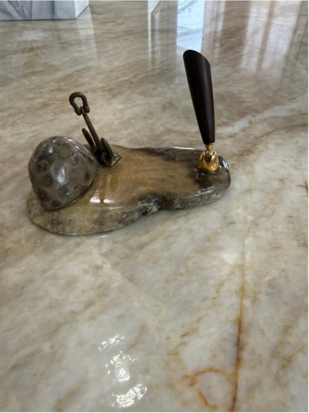 Vintage Desk Pen Holder with brass Anchor Accent, Brown and Gold base, Michigan